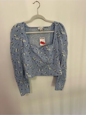 Rachel Zoe Light Blue Floral Square-Neck Puff Sleeve Blouse